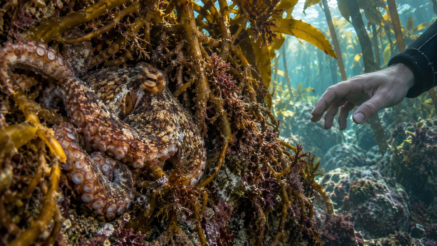 Kap-Oktopus versteckt sich im Kelp-Holdfast, False Bay